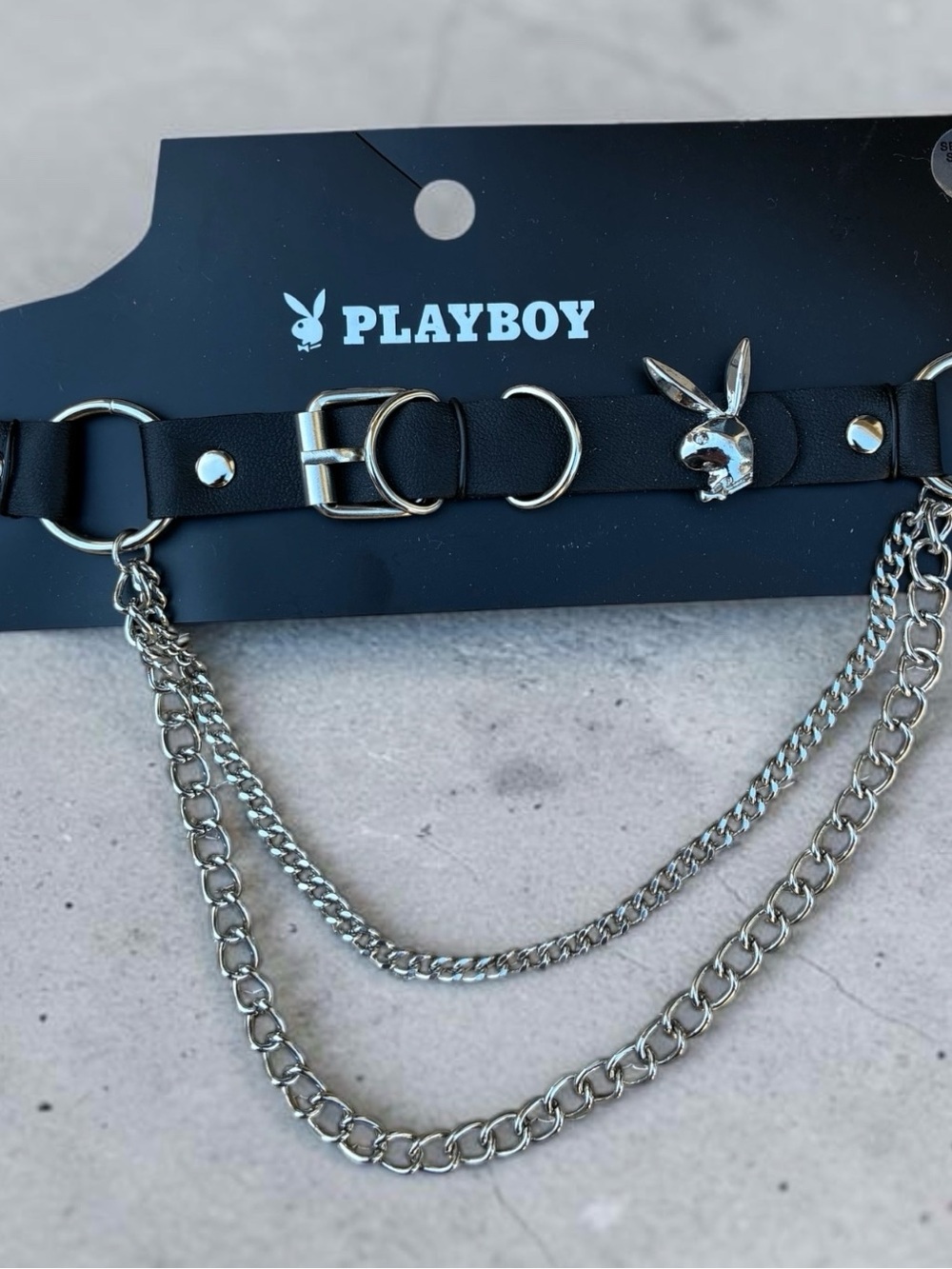 PLAYBOY Black Faux Leather Belt with Silver Chains and Bunny Charm